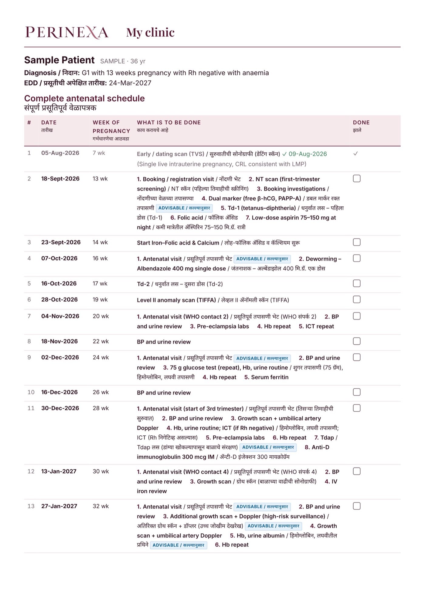 The patient schedule sheet, one row per day